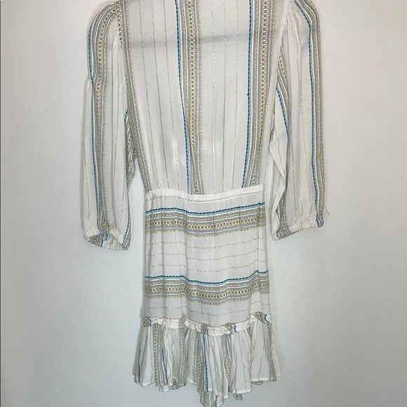 Elan White Striped Plunge V-Neck Tie-Front Puff Sleeve Dress Size Medium - Picture 3 of 5